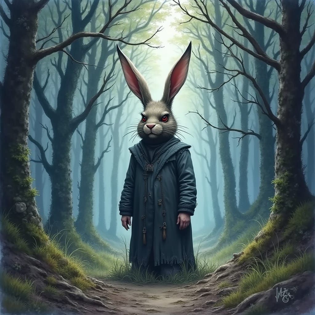 Dark Liminal Forest with Decaying Evil Rabbit