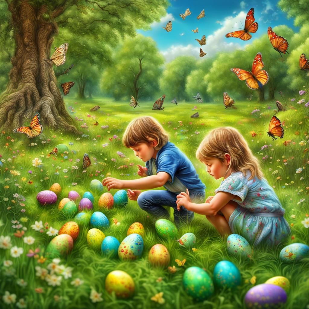 Hyperdetailed Easter Egg Hunt in Lush Meadow
