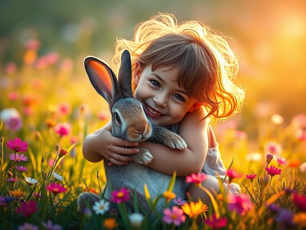 A Cherubic Boy Embracing a Rabbit in Vibrant Meadow