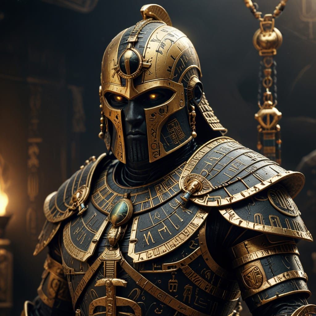 Egyptian Warrior in Black Metal and Gold Armor