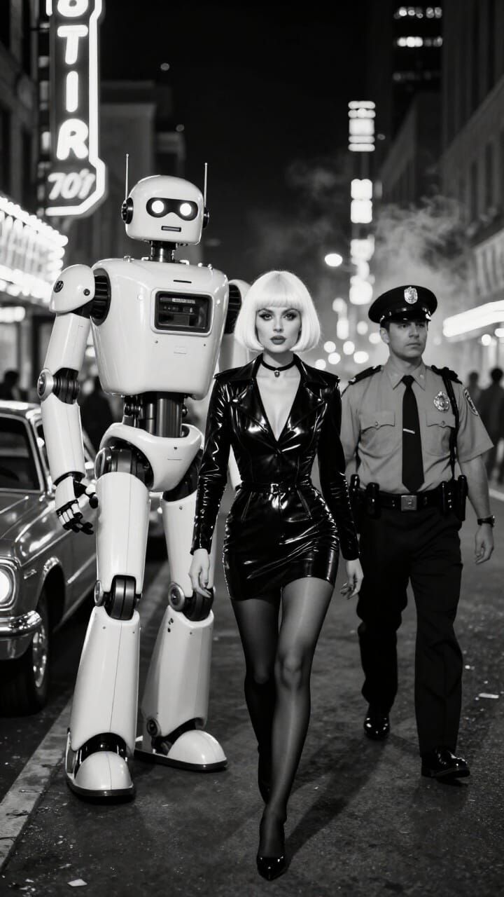70s Sci-Fi NYC Street Scene with Robot and Policeman