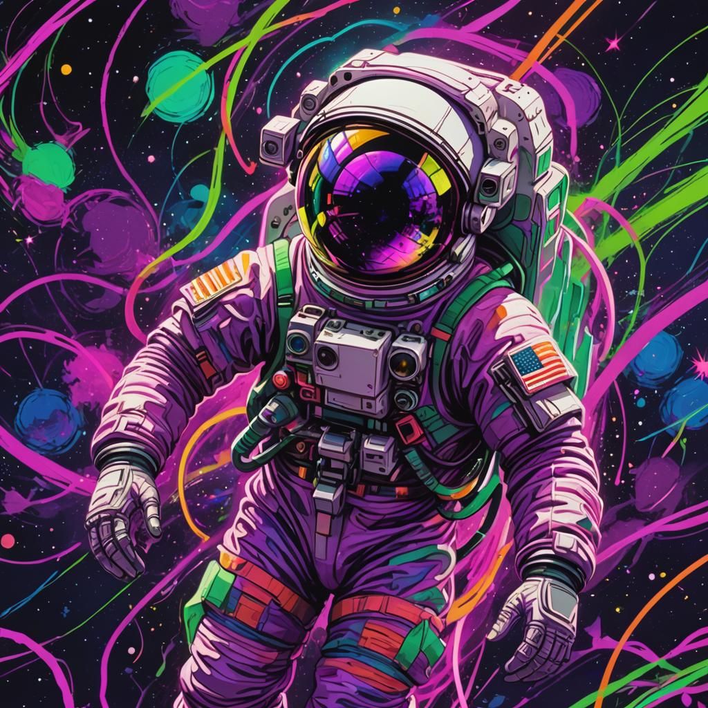 Neon Pop-Art Astronaut Floating in Space