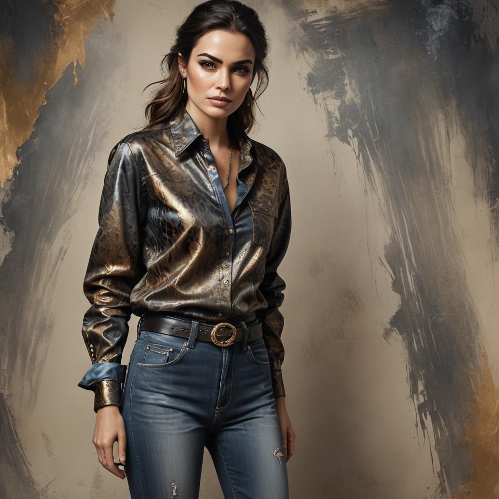 Girl Grafiti art, a beautiful sophisticated female wearing stylish brindle print shirt, fashion-forward jeans and boots,...