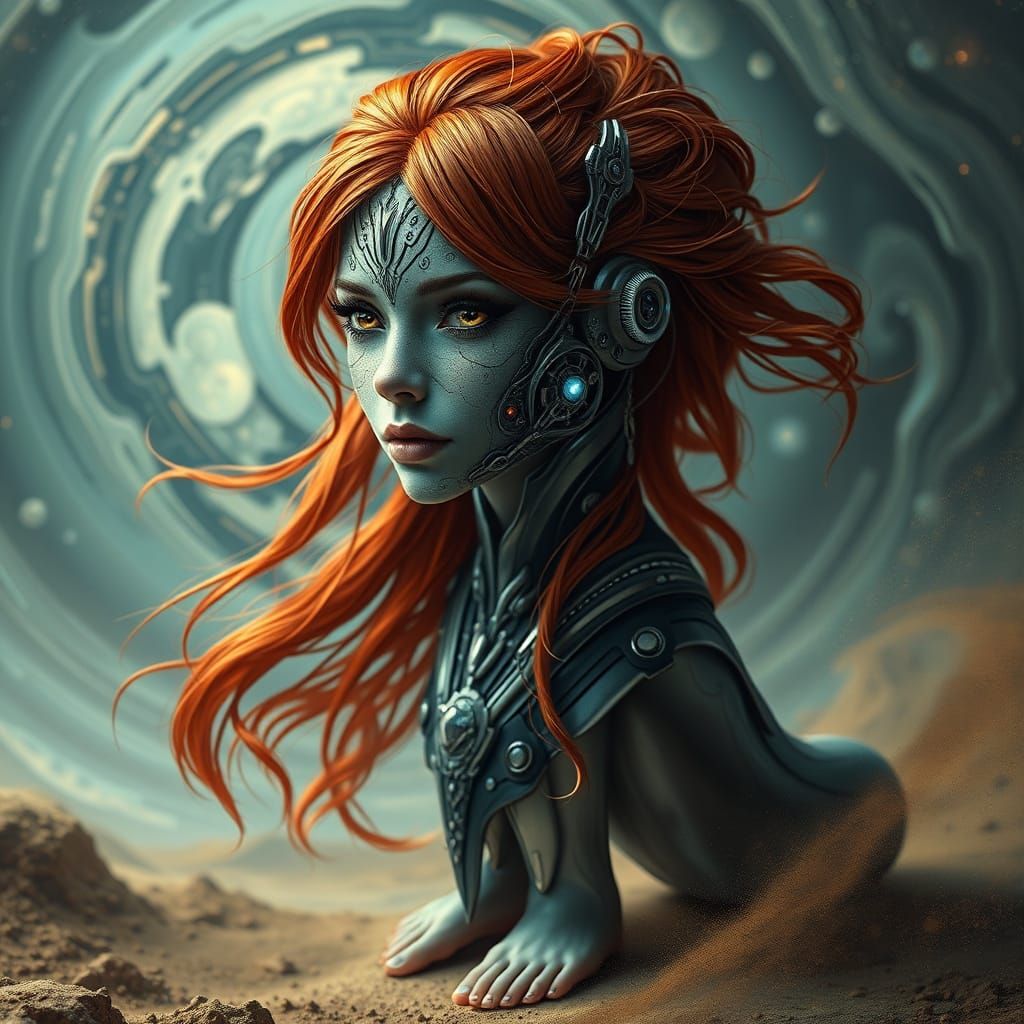 Futuristic Cybernetic Woman on Galactic Surface