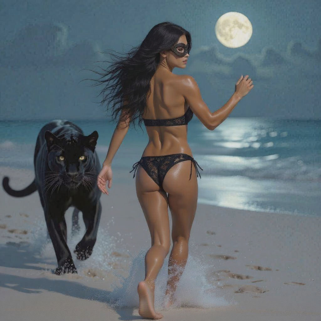Latina with Panther on Moonlit Beach