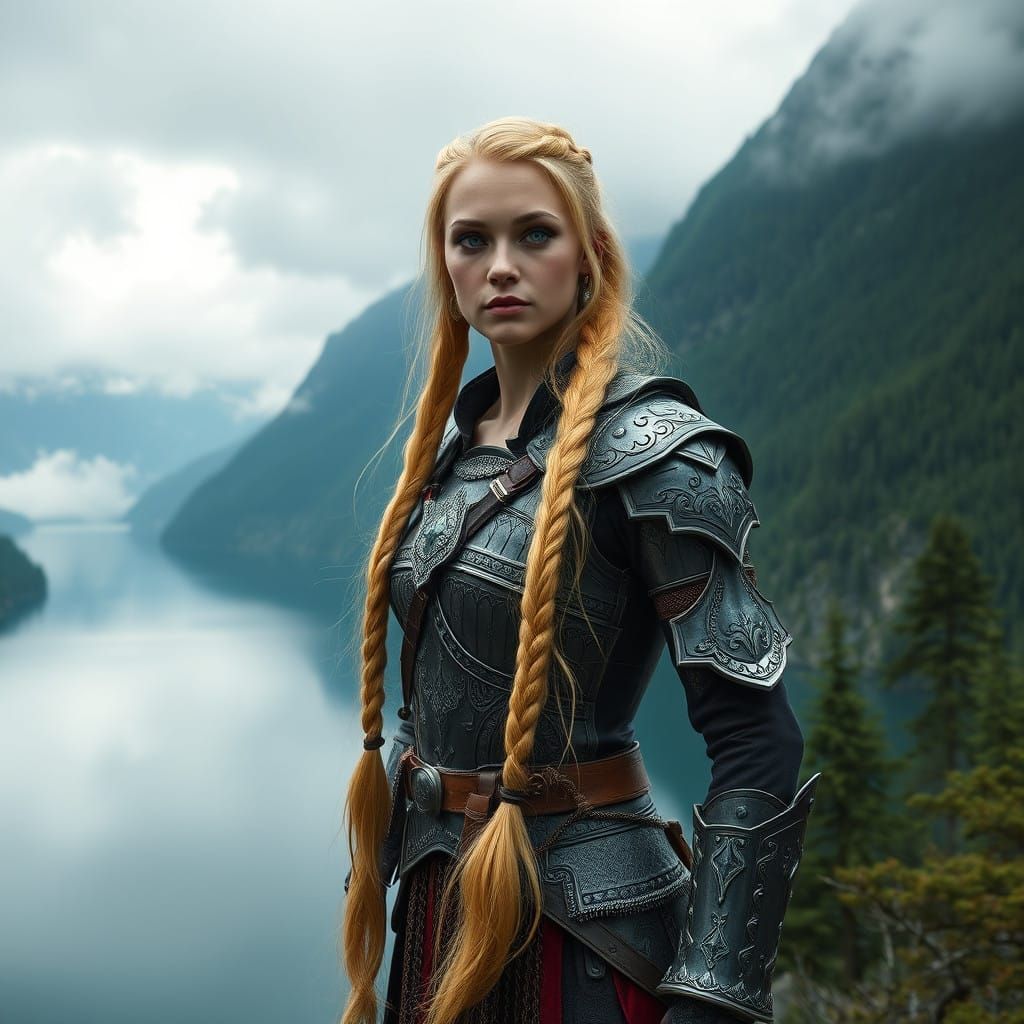 Ethereal Nordic Warrior Goddess in Majestic Fjord Landscape