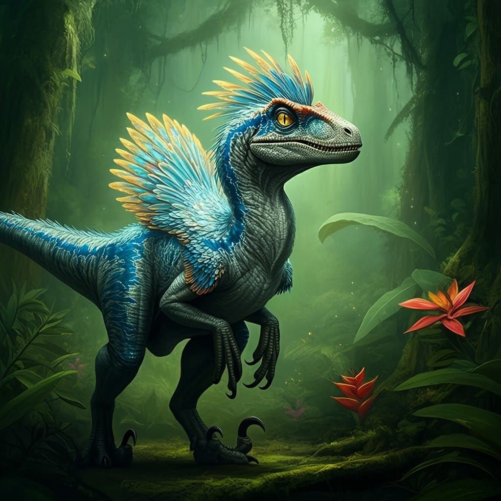 Iridescent Velociraptor in Lush Prehistoric Jungle