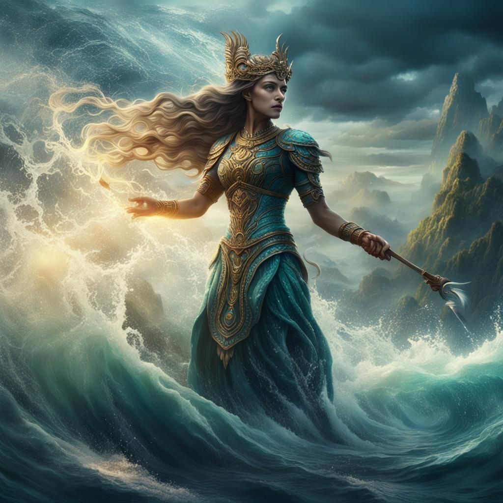 Water Goddess Stirring Waves: Epic Digital Painting