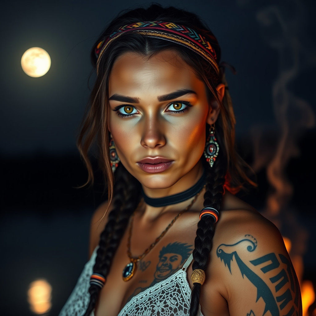 Native American Woman with Yellow Eyes by Lake
