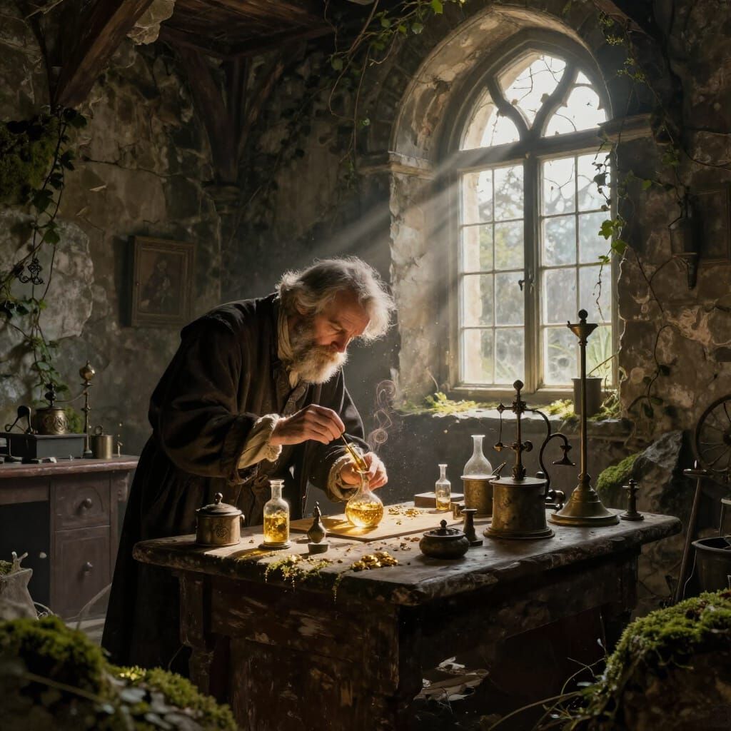 Alchemist Transmuting Gold in Ancient Ruins