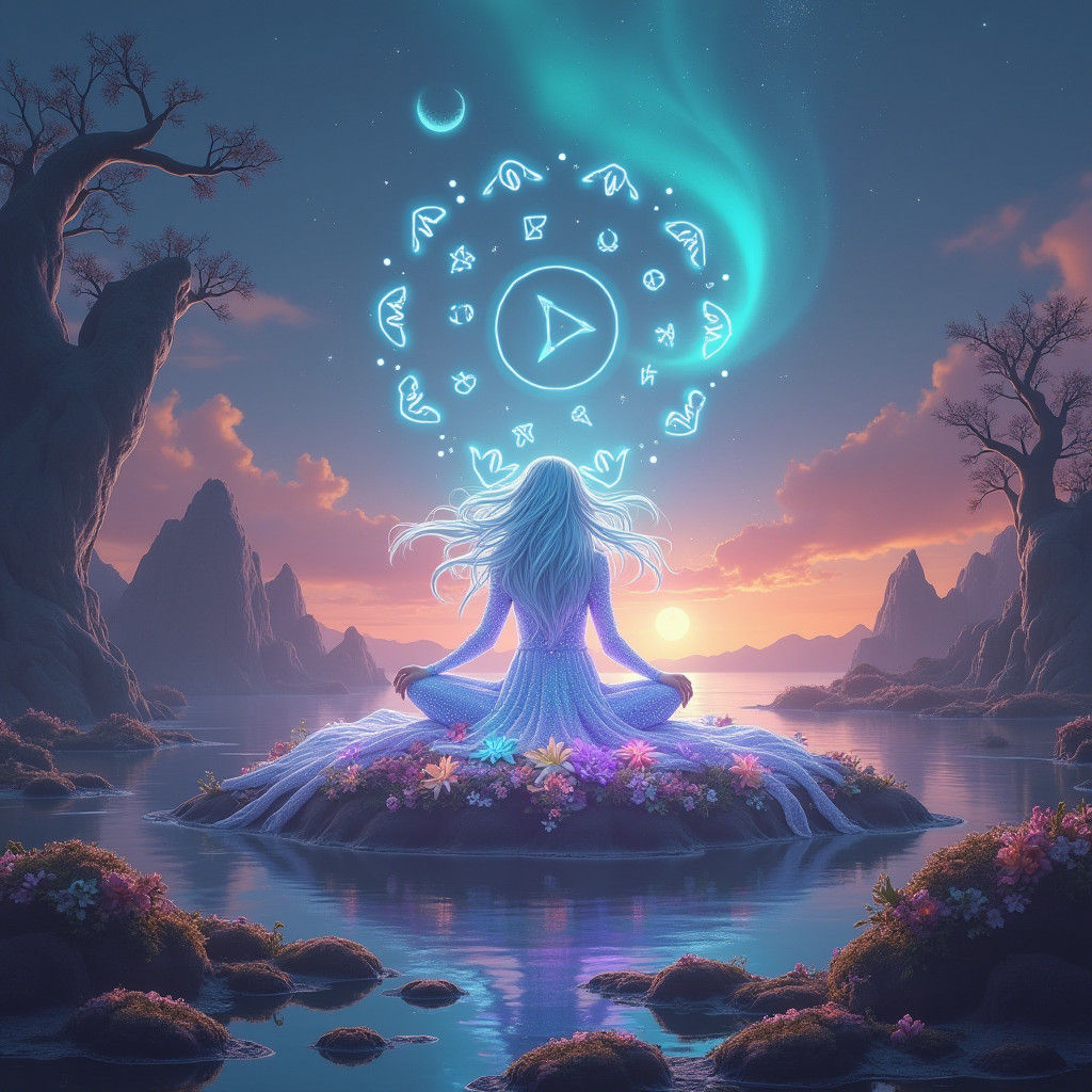 Ethereal Woman by Lake with Celestial Lights