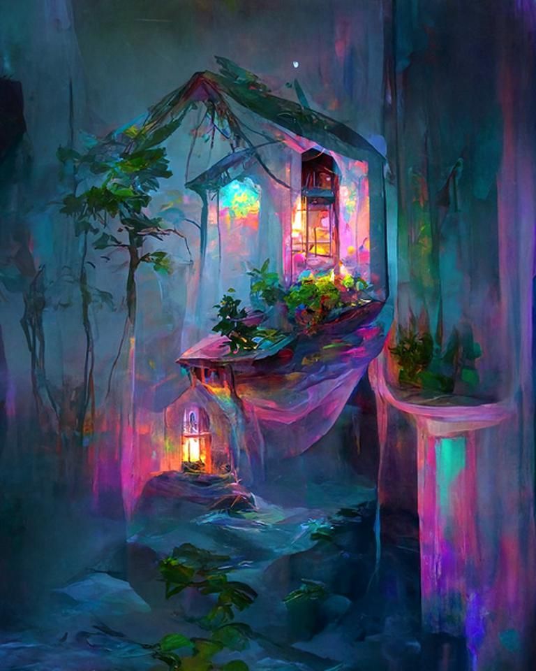 Illuminated Hideaway: Colorful Acrylic Painting