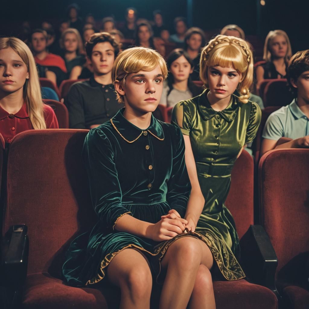 Moody Cinema Still of Boy in Velvet Peter Pan Dress
