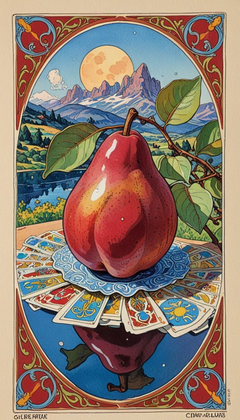Art Nouveau Pear Tarot Card in Bright Gouache Style