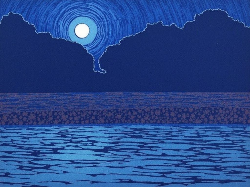 Violet Toned Night Landscape in Handcoloured Linocut Style