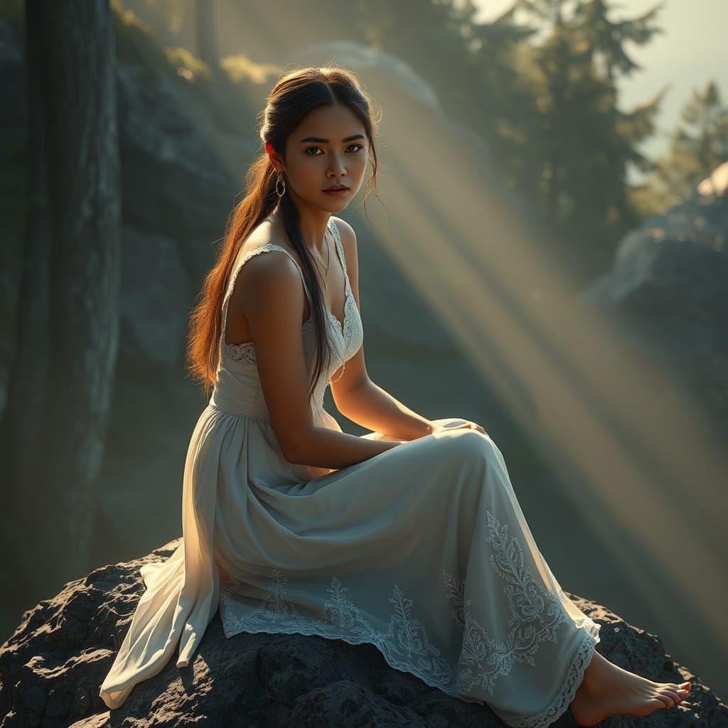 Ethereal Futuristic Goddess in Misty Forest