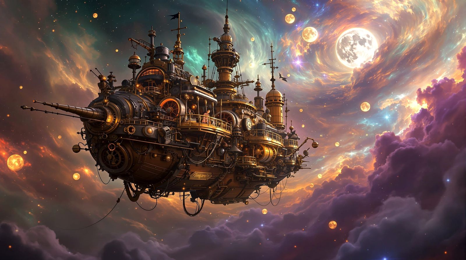 Steampunk Airship in Vibrant Nebula Sky
