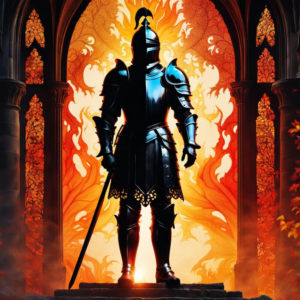 Black Fire Knight Silhouette Double Exposure Portrait