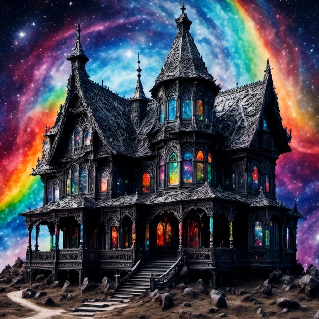 Gothic Cathedral House in a Rainbow Galaxy