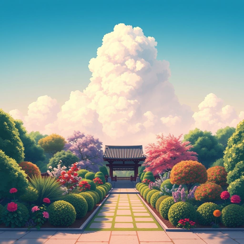 Anime-Inspired Garden Scene with Vibrant Colors and Botanica...