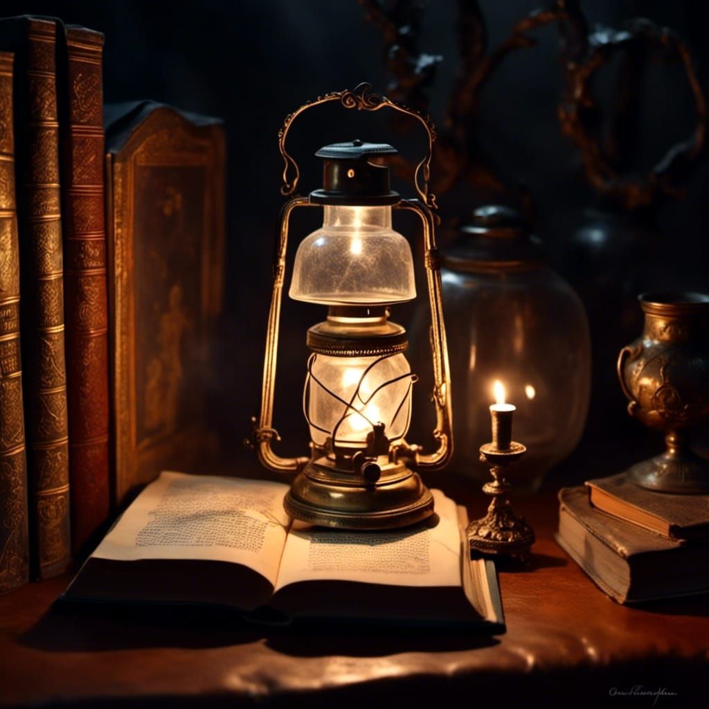 Fairy Reading by Candlelight in Glass Kerosene Lamp