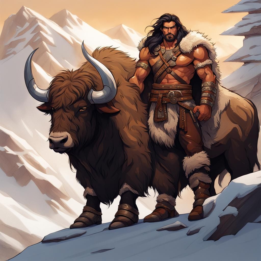 Barbarian Warrior Sleeping with Yak: Detailed Color Sketch