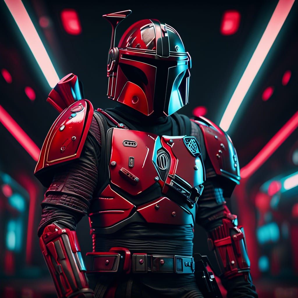 Realistic Mandalorian in Neon Red Lights