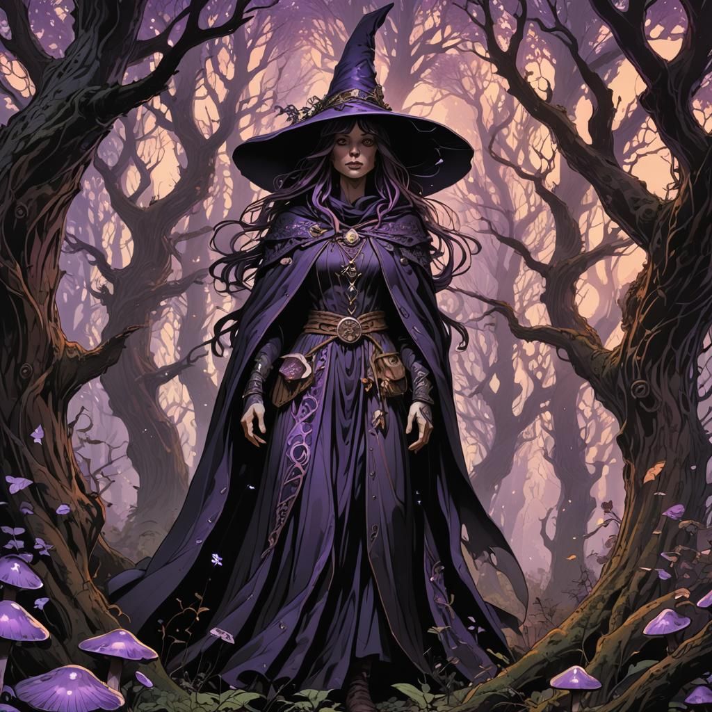 Mystical Witch in Dark Fantasy Forest Art