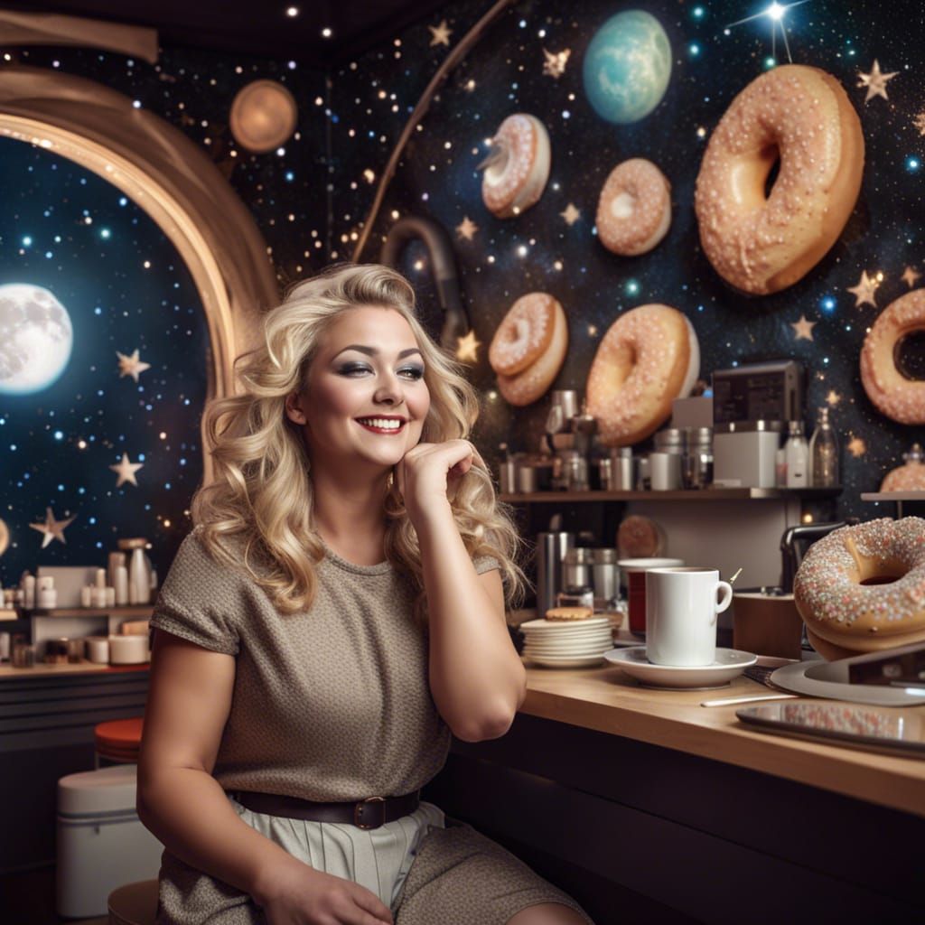Lunar Coffee Shop: Detailed Matte Painting of Plus-Size Woma...