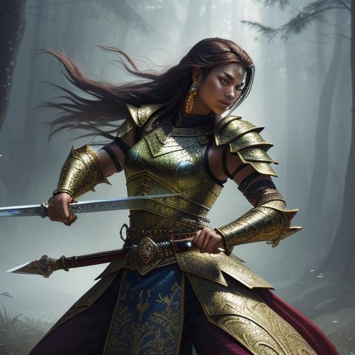 Warrior Woman Sword Practice in Fantasy Oil Painting
