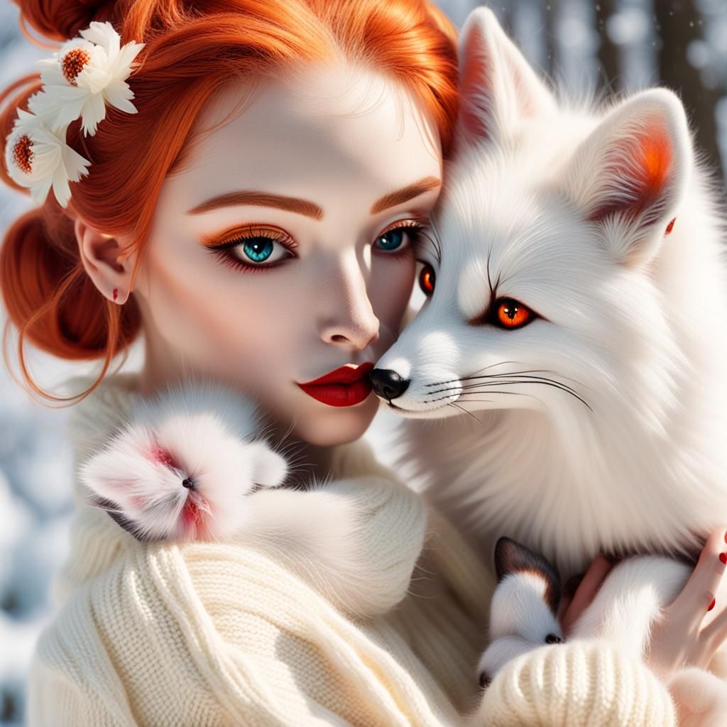 Whimsical Fantasy Girl Kisses Arctic Fox in Teacup