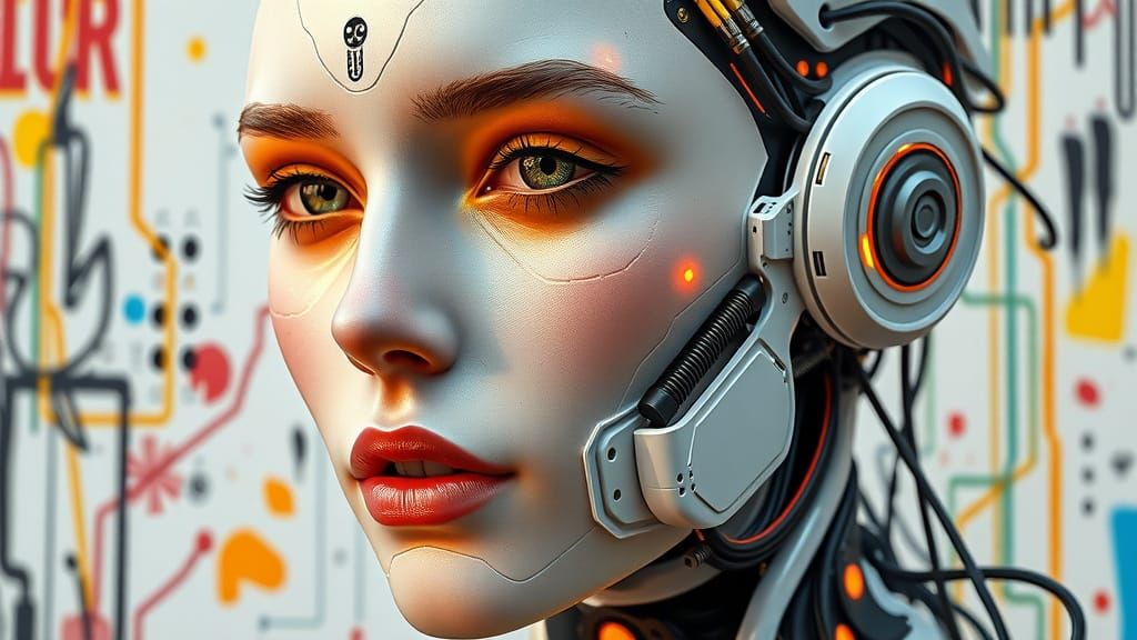 Magnificent White Cyborg Woman with Golden Orange Metallic R...