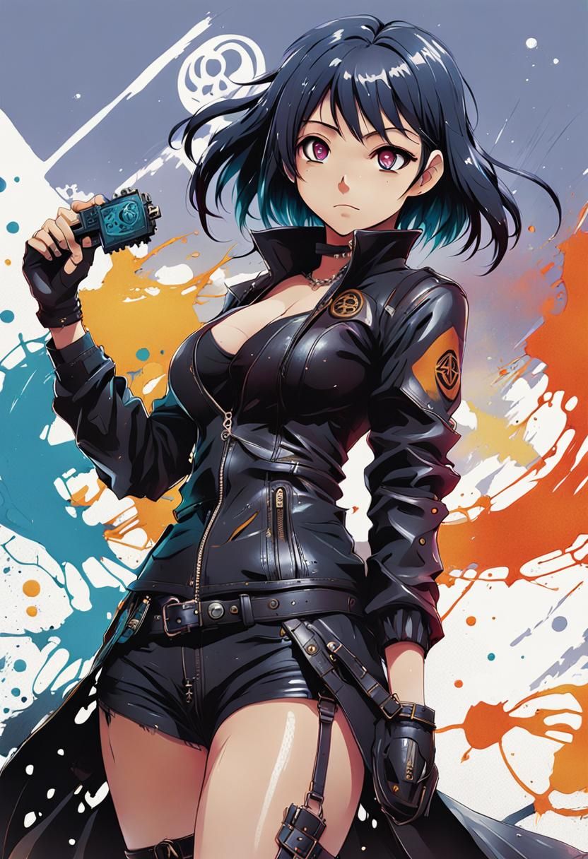 Voluptuous Goth Girl in Anime Graffiti Art Style