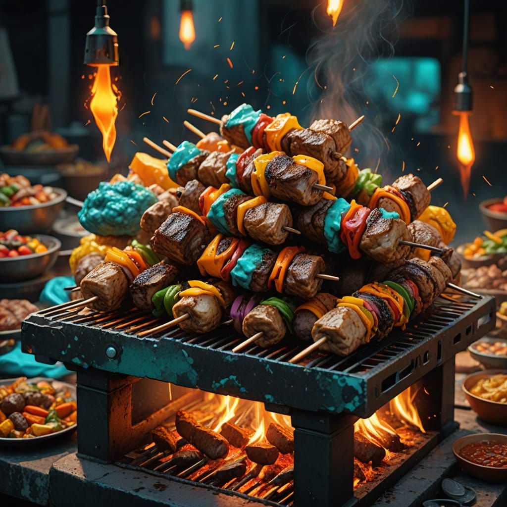 Sizzling Kebab Adorned with Juicy Meats and Colorful Vegetab...