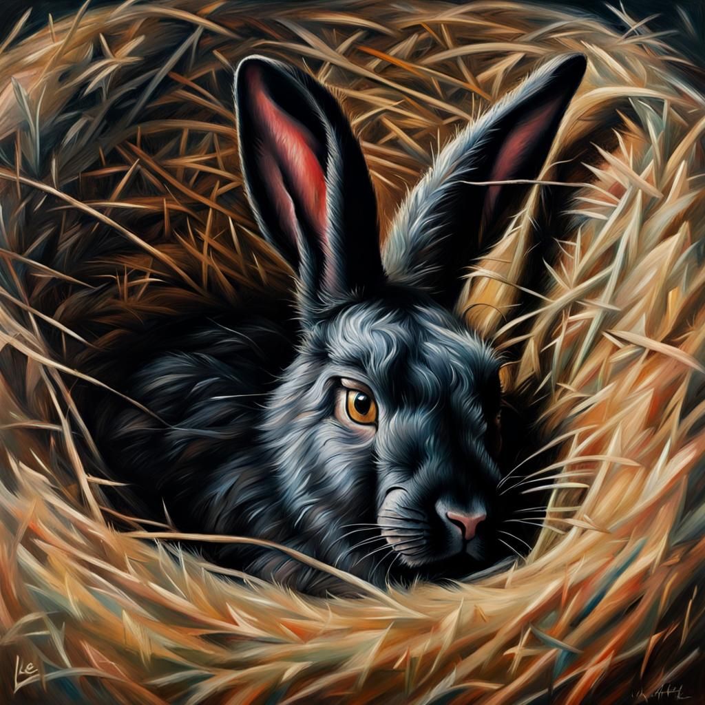 Black Rabbit Sleeping: Neo-Impressionist Oil Painting