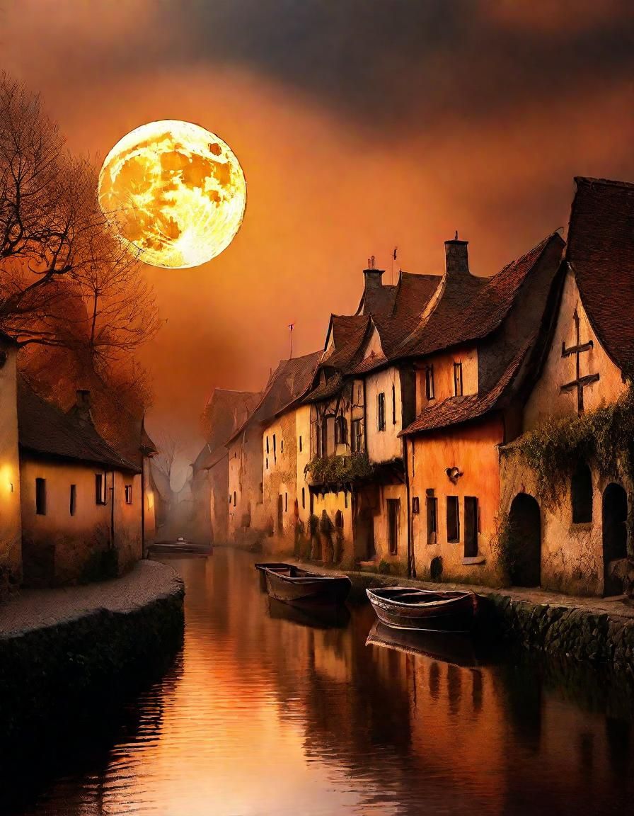 Medieval Village Under Moonlight in Matte Painting Style