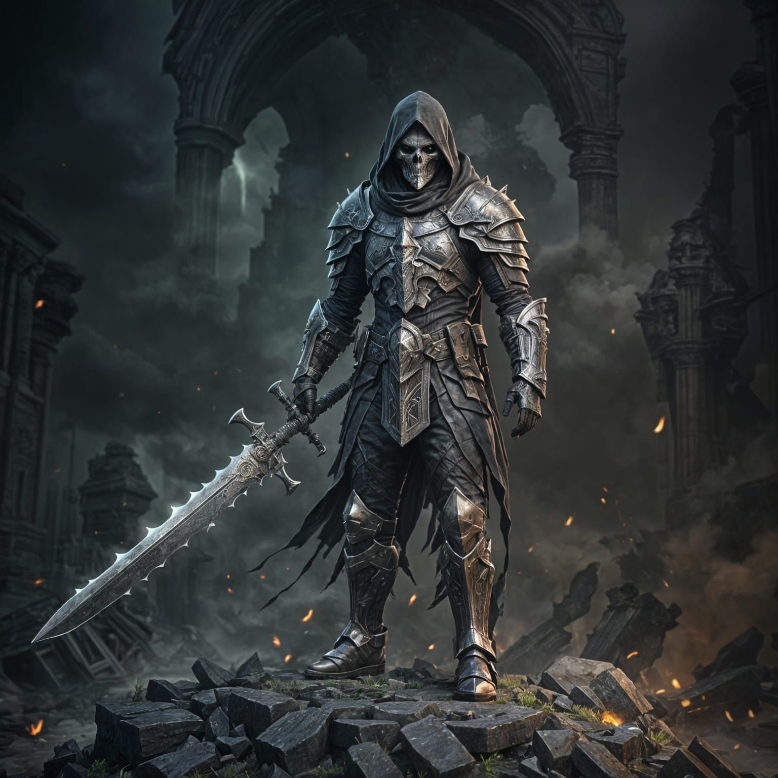 Ominous Reaper with Greatsword in Dark Fantasy Ruins