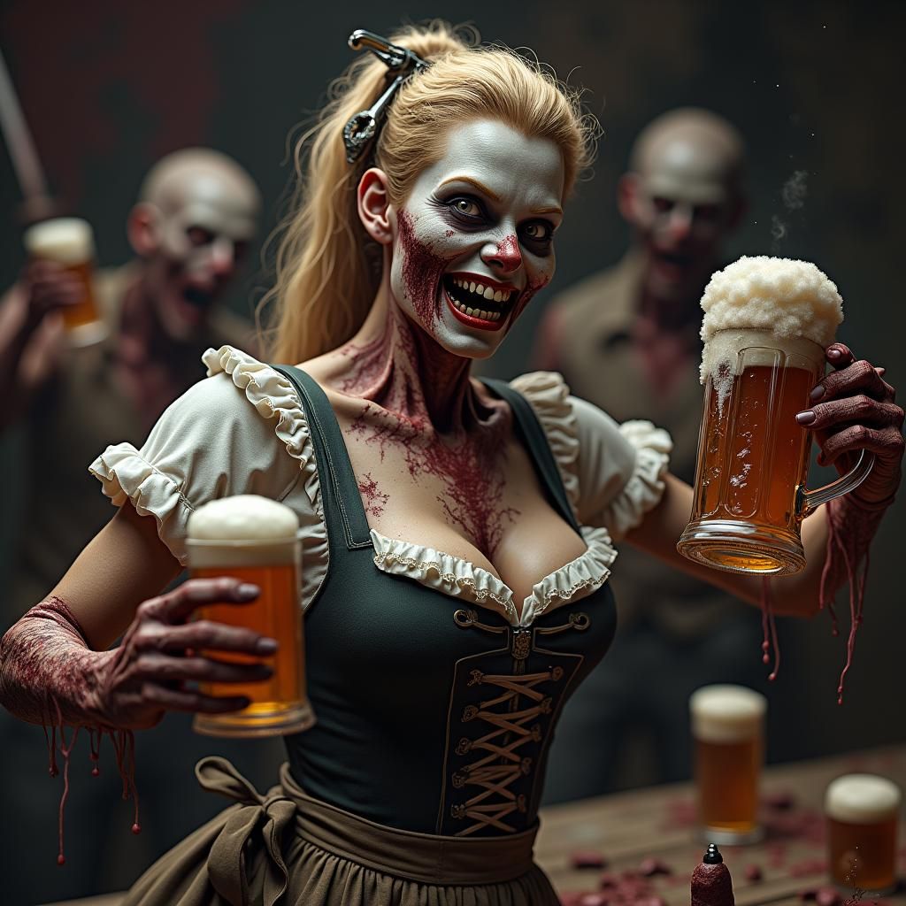 Zombie Waitress Serves Beer in Dark Fantasy Style
