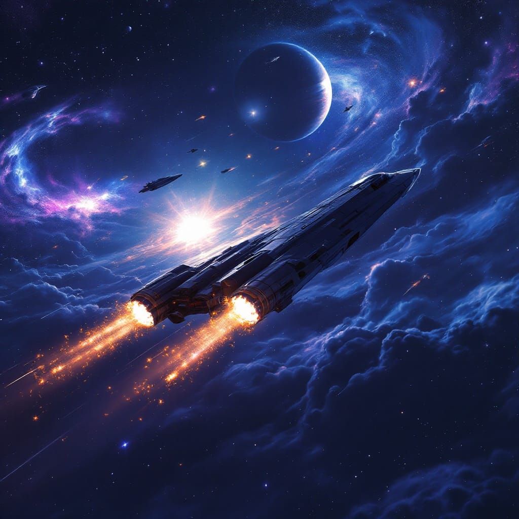 Starfighter Soaring Through Nebula in Dark Sci-Fi Style