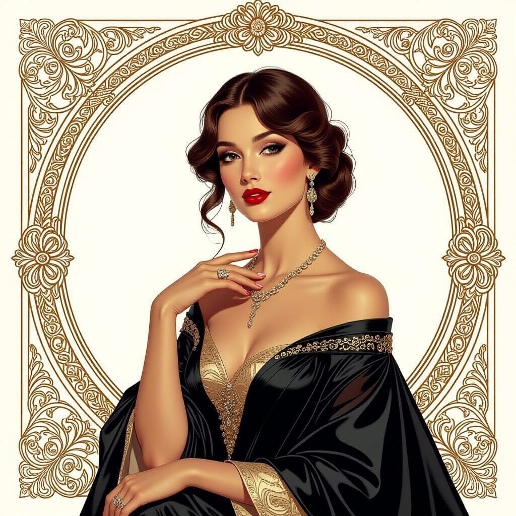 Elegant Woman in Luxurious Attire: Art Nouveau Style