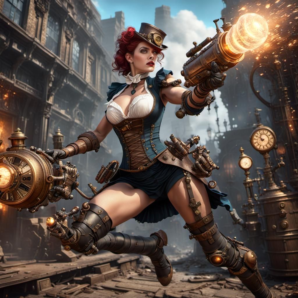 Steampunk Lady Battles Clockwork Golem