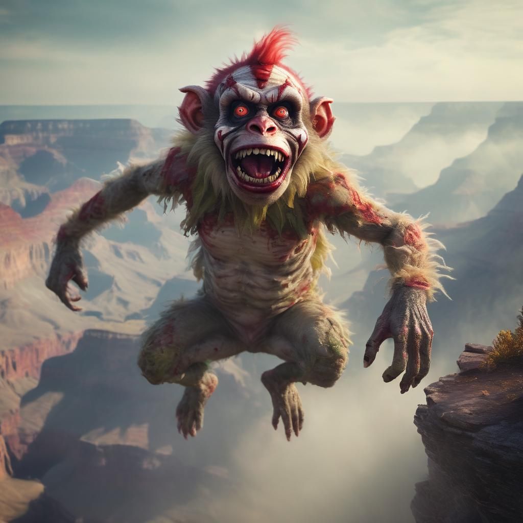 Zombie Monkey Clown Leaping into Grand Canyon: Digital Art