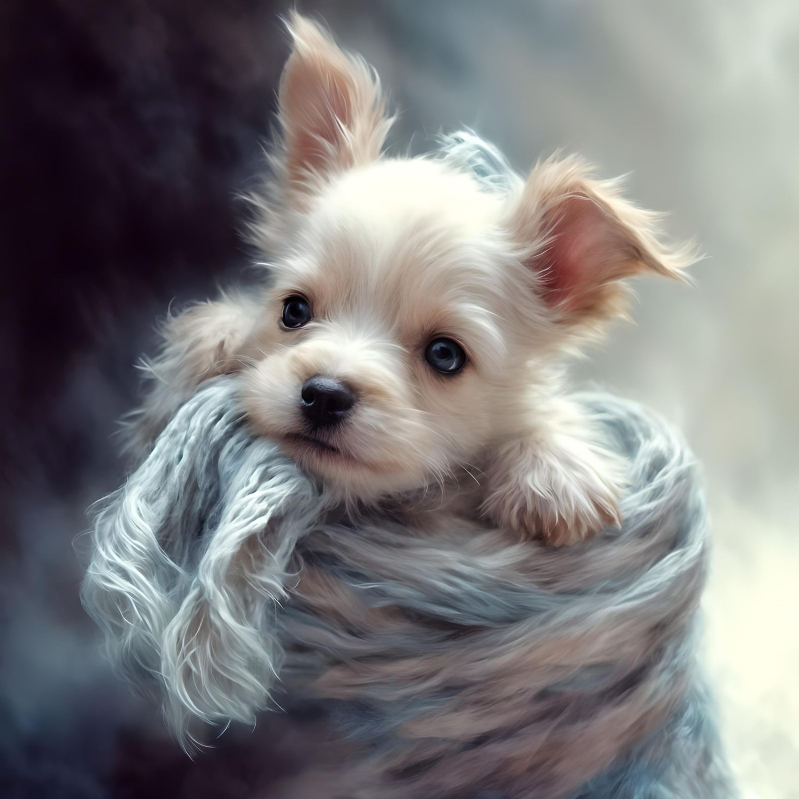 Tiny puppy wrapped in a yarn blanket.