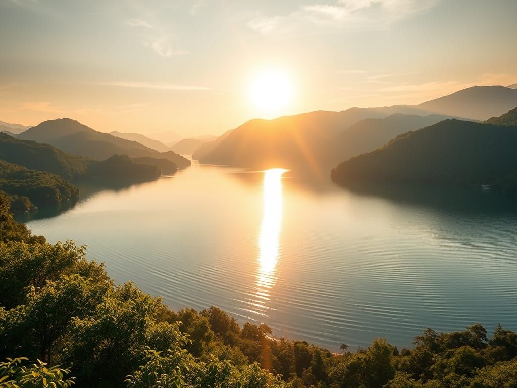 Fantasy Paradise Unfolds at Sunset Over a Serene Mountain La...