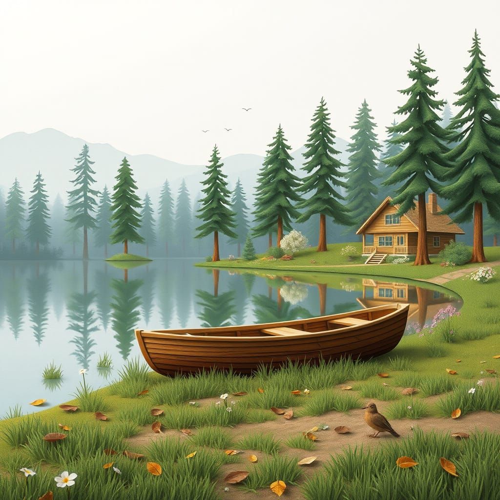 Peaceful Lakeside Scene in Paper-Cut Style