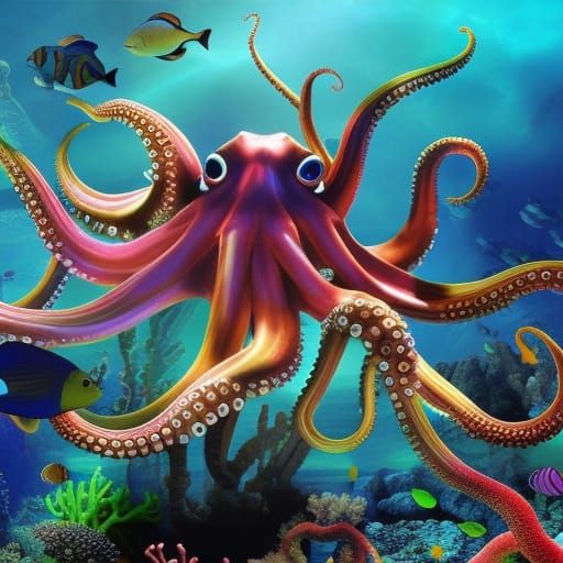 Underwater World: Octopus and Coral Reef in Bright Colors