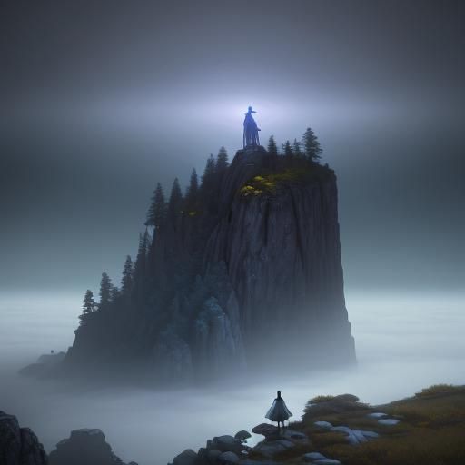 Surreal Goddess Overlooks Misty Valley as Oil Painting