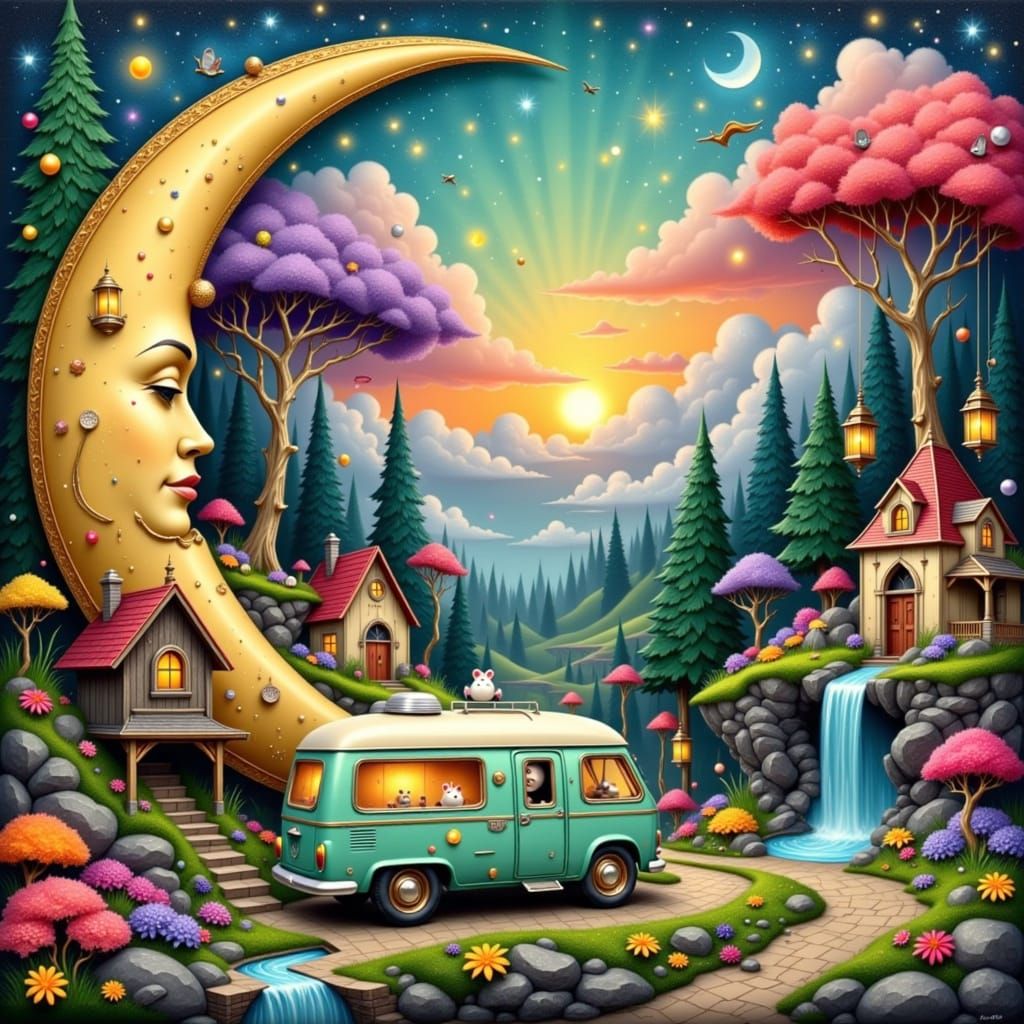 Miniature Village in Ornate Crescent Moon