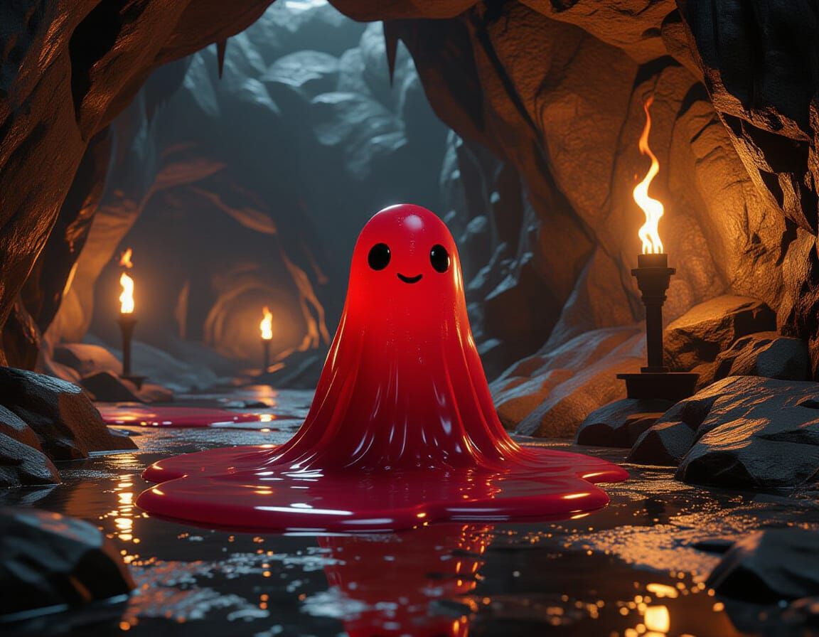 Heroic Crimson Slime Creature in Cave, Matte Painting