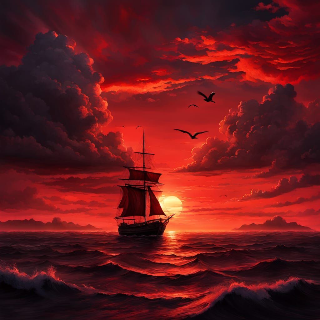 Crimson Sunset Seascape with Sailboat Silhouette
